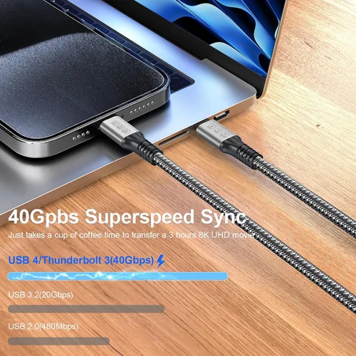 Miniatura 5 de Cable Thunderbolt 4, cable USB C a USB C de 240 W soporta transferencia de fecha de 40 Gbps, pantalla 8K y 4K, cable Thunderbolt4 a USB C de 6.6