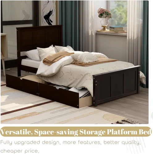 Miniatura 3 de Bellemave Cama individual con cajones, plataforma de madera con cabecero y estribo, cama capitán de madera para niños, niñas, niños, adolescentes