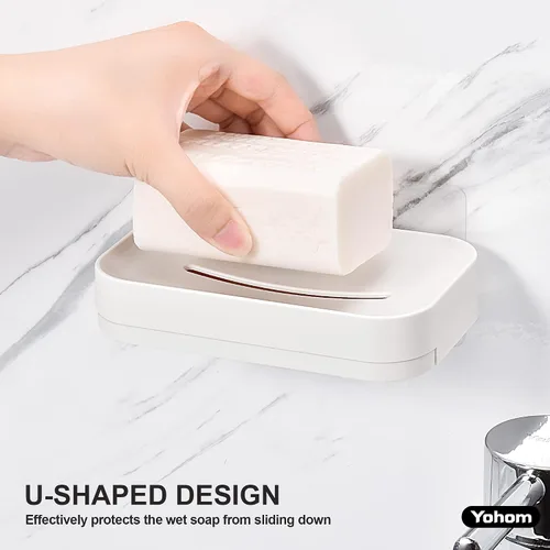 Miniatura 5 de YOHOM Jabonera adhesiva con bandeja de drenaje, barra de ducha blanca, soporte para jabón montado en la pared para baño, soporte para bandeja