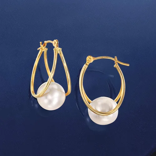 Miniatura 7 de Ross-Simons 8-9mm Cultured Pearl Double-Hoop Earrings in 14kt Yellow Gold. 34