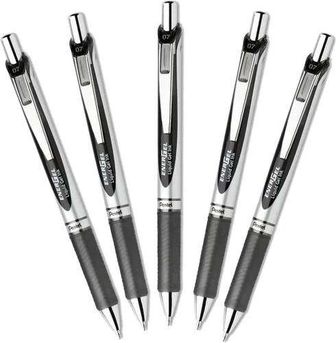 Pentel EnerGel Deluxe RTX Bolígrafo de gel líquido retráctil, 0.028 in, línea fina, punta de metal, tinta negra, juego de 5 (con la descripción