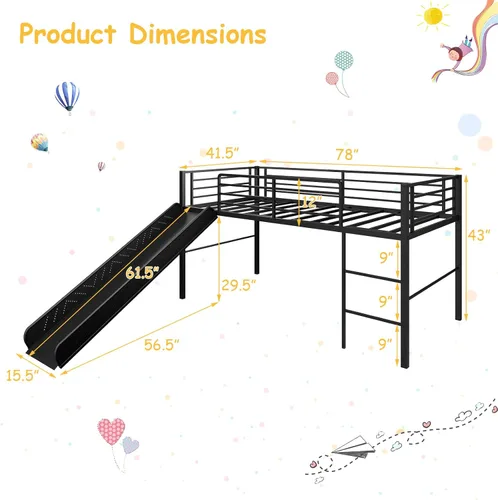 Miniatura 2 de Giantex Cama alta individual con tobogán, litera baja de metal con barandillas de seguridad y escalera integrada, marco de suelo de cama infantil