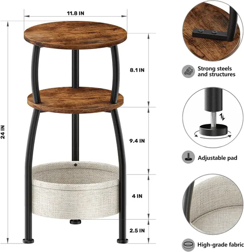 Miniatura 3 de Mesa auxiliar redonda para espacios pequeños con cesta de almacenamiento, mesa auxiliar pequeña de 3 niveles, mesa esquinera para sala de estar