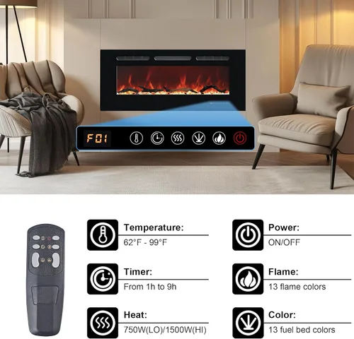 Miniatura 4 de Chimenea eléctrica de 48 pulgadas para empotrar y colocar en la pared, insertos de chimenea eléctrica con control remoto y pantalla táctil, 169