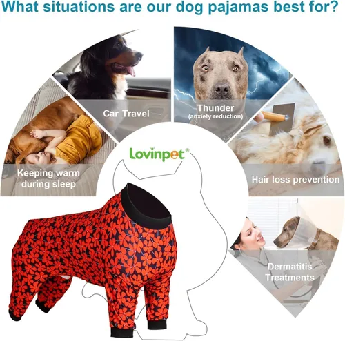 Miniatura 4 de LovinPet Pijama de perro gordo para perros medianos, camisa para aliviar la ansiedad de las mascotas, camisa de protección solar, tela elástica Negro