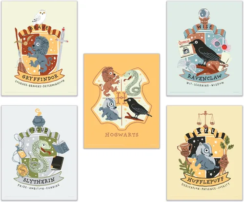 Miniatura 34 de Harry Potter - Banderas de la casa de Hogwarts - Gryffindor - Slytherin - Ravenclaw - Hufflepuff - Diseño geométrico - Juego de cuatro arte de pared