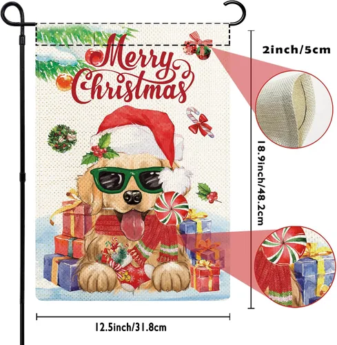 Miniatura 5 de Golden Retriever - Bandera de jardín con texto en inglés "Merry Christmas", de arpillera, de 12 x 18 pulgadas, doble cara para patio, porche