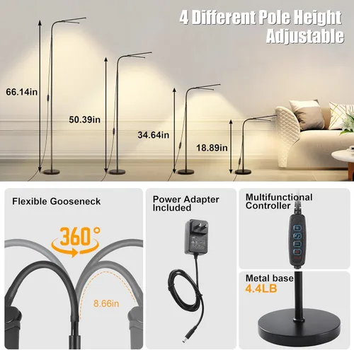 Miniatura 5 de Lámpara de pie LED, lámparas de pie brillantes de 18W para sala de estar, 3 modos de color 10 niveles de brillo, cuello de cisne flexible ajustable