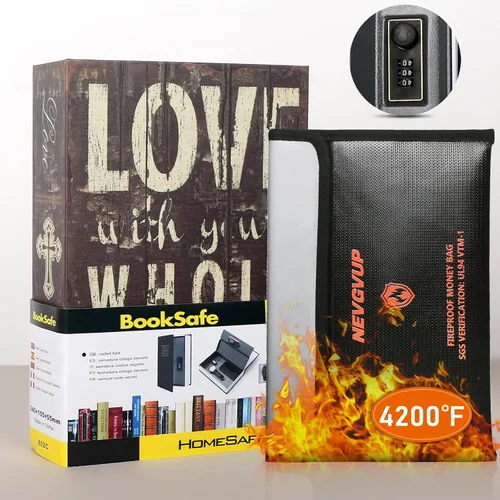 Miniatura 9 de Caja fuerte de libro de diversión con bolsa de dinero a prueba de fuego de 4200°F y cerradura de combinación, 10.5" x 7.9" x 2.5" caja fuerte