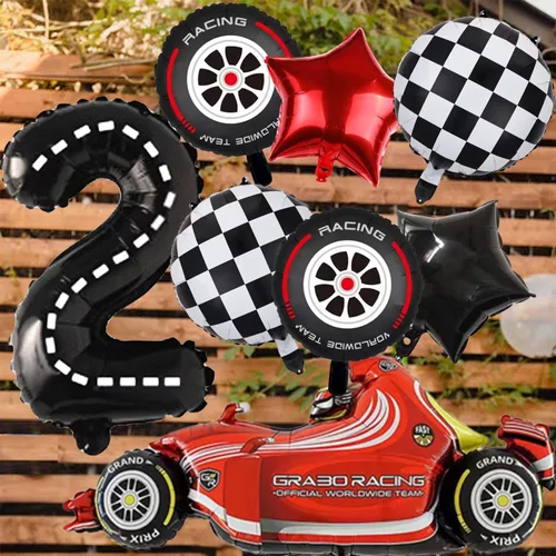 Miniatura 5 de Dos globos para decoración de fiesta de cumpleaños de autos de carreras rápidas, globos rojos y decoración de tartas, estrellas a cuadros negros