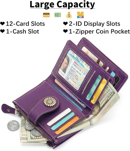 Miniatura 128 de SENDEFN - Billetera pequeña de piel auténtica para mujer, diseño plegable con ventana para tarjeta de identificación