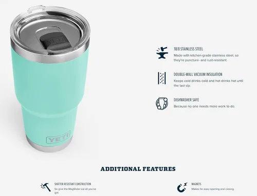 Miniatura 4 de YETI Rambler - Vaso aislado al vacío de acero inoxidable de 30 onzas con tapa MagSlider azul (Offshore Blue)