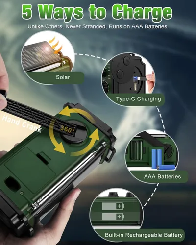 Miniatura 5 de Radio de emergencia 10000mAh/37000mWh, radio solar, radio de manivela, radio meteorológica NOAA AM FM, 4 métodos de carga, batería de polímero