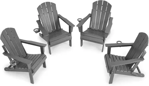 Miniatura 10 de Silla Adirondack plegable de HDPE, silla de patio al aire libre con soporte para tazas, silla de césped de grano de madera resistente a