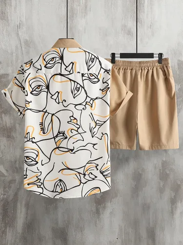 Miniatura 2 de GORGLITTER Conjunto de 2 piezas para hombre camisa con botones y pantalones cortos ropa de verano