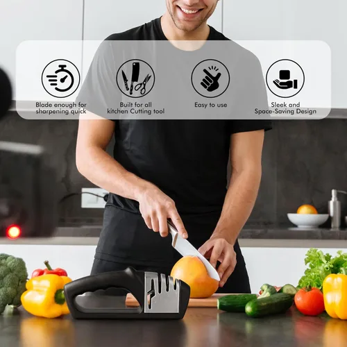 Miniatura 4 de HOTEC Afilador de cuchillos 4 en 1, afilador manual de 3 etapas para afilar cuchillos de cocina, 1 etapa para tijeras, piedra de cerámica, placas