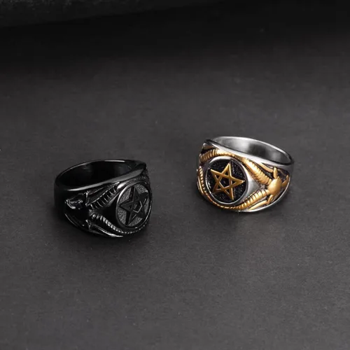 Miniatura 6 de Anillo de calavera para hombre, acero inoxidable, pentagrama, Wicca, gótico, bautismo, talla 7-13