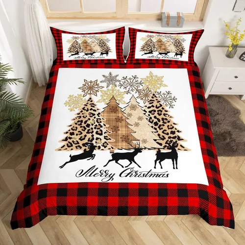 Miniatura 50 de Juego de funda de edredón para niños con diseño de Navidad, tamaño individual, camiones rojos y árboles de pino con copos de nieve, decoración