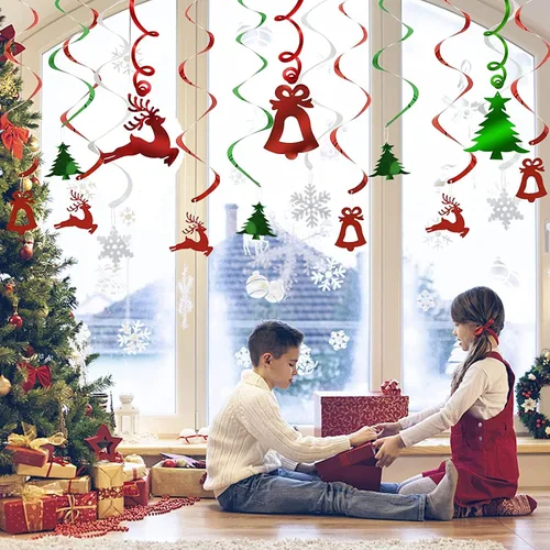 Miniatura 6 de Decoraciones de fiesta de Navidad, remolinos colgantes de techo (30 piezas totalmente montadas), campanas de reno, árbol de Navidad, remolinos