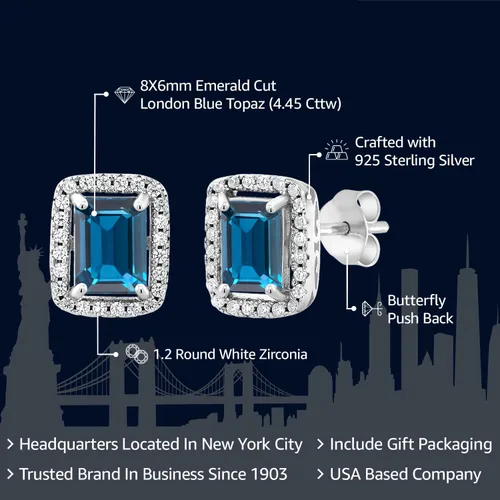Miniatura 45 de Gem Stone King Aretes de plata de ley 925 con piedra natal Corte esmeralda de 0.315 x 0.236 in Aretes de halo para mujer