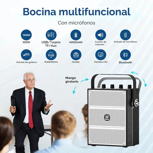 Miniatura 3 de Amplificador de voz potente de 100 W con 2 micrófonos inalámbricos, altavoz portátil con sonido profesional grande con micrófono, altavoz Bluetooth