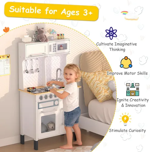 Miniatura 5 de Juego de cocina, cocina de madera para niños pequeños con grifo, fregadero, máquina de hielo, juguetes de cocina, alturas ajustables, estufa, cocina