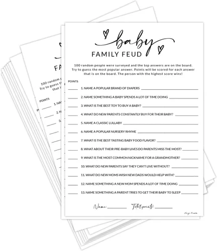 HerZii Prints Tarjetas de juego de peleas familiares para baby shower, paquete de 50 tarjetas de juego para baby shower con hoja de respuestas,