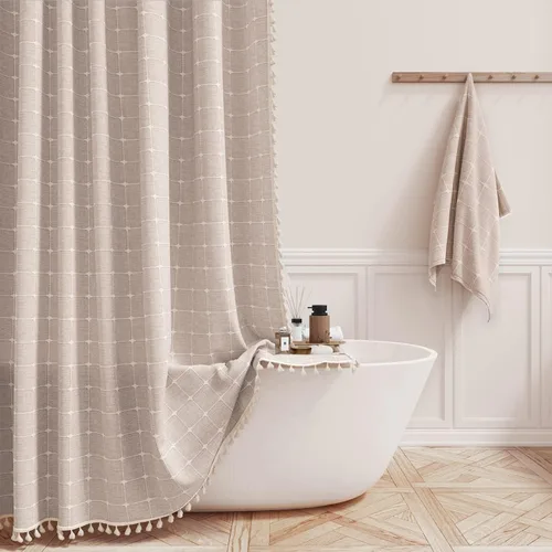 Miniatura 38 de BTTN Juego de cortinas de ducha estilo bohemio de granja con borlas, tela rústica de lino resistente, repelente al agua, cortinas de ducha gruesas A