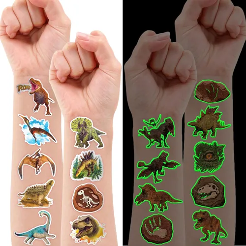 Miniatura 2 de 96 tatuajes temporales de dinosaurios divertidos precortados 3D que brillan en la oscuridad para niños Recuerdos de fiesta de cumpleaños temáticos