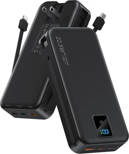 Miniatura 14 de Cargador portátil, cargador de batería de carga rápida de 12000 mAh 22.5 W con cables integrados y enchufe de pared, paquete de baterías esenciales