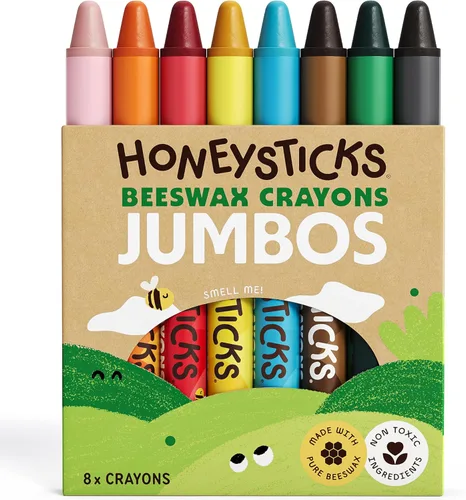 Honeysticks Crayones jumbo (paquete de 8) – Crayones no tóxicos – Cera de abeja 100% pura y colores de grado alimenticio – 8 colores brillantes –