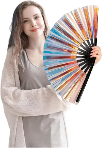 Miniatura 6 de Ventilador de mano plegable grande para hombres y mujeres, ventilador holográfico para mujeres, fiesta de baile, festivales, Halloween, EDM