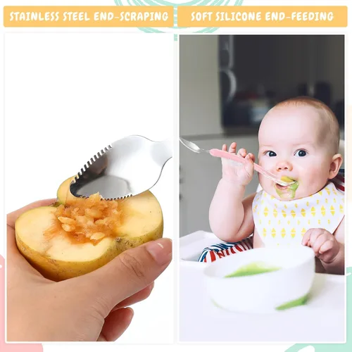 Miniatura 4 de Lallisa 2 cucharas de silicona para bebés, cuchara de comida para bebés de doble cabeza, alimentador de frutas, raspador de alimentos suave para rosa