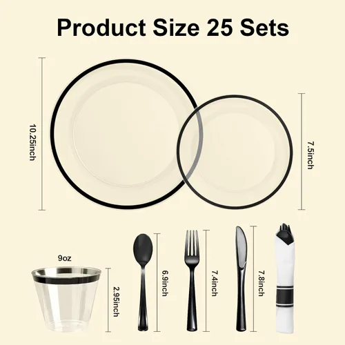 Miniatura 4 de BESTSTAR Juego de 175 platos desechables transparentes y negros para 25 invitados, 50 platos de plástico, 25 vasos, 25 servilletas preenrolladas