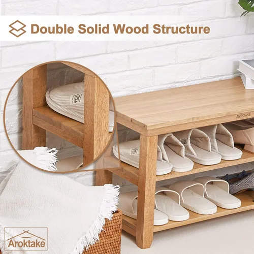 Miniatura 7 de Zapatero de madera maciza, 2 niveles, de madera real, resistente, organizador de zapatos, para entrada, pasillo, vestíbulo, sala de estar, Natural