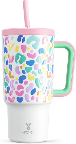 Miniatura 16 de Meoky - Vaso de 30 oz con asa, tapa y pajilla, taza de viaje térmica de acero inoxidable 100% a prueba de fugas, para portavasos, mantiene el frío