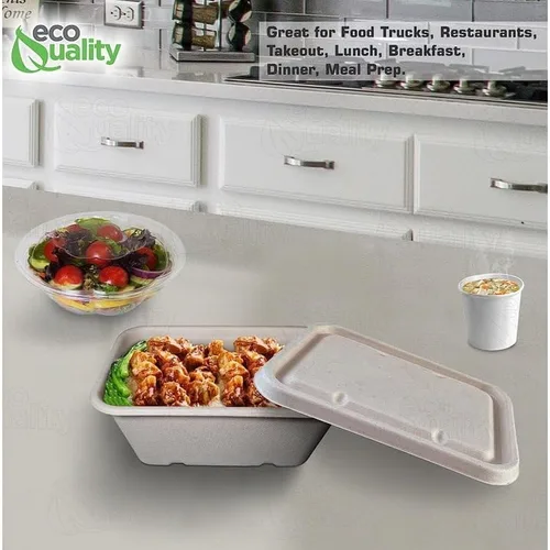 Miniatura 8 de EcoQuality Cuencos desechables de 34 onzas con tapas de fibra, cuencos rectangulares de papel biodegradable de fibra de caña de azúcar compostable