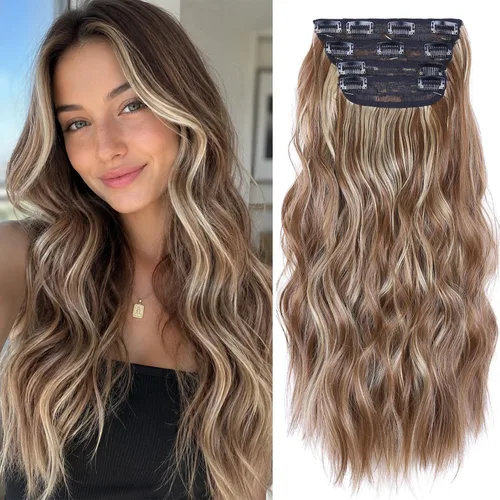 Miniatura 13 de 4 extensiones de cabello sintético con clip, extensiones de cabello rizado de 20 pulgadas de largo con clip (color: marrón medio)