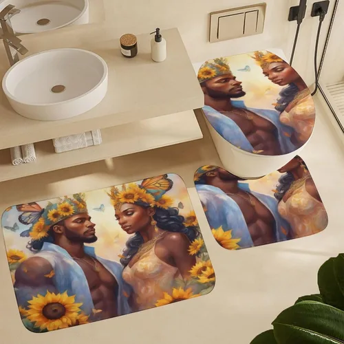 Juego de alfombras de baño ultrasuaves de 3 piezas antideslizantes, tapetes de baño para parejas afroamericanas, juego de baño con alfombras de