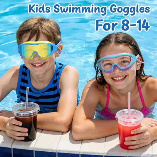 Miniatura 7 de Gafas de natación anti niebla UV para niños de 6 a 14 años, paquete de 2 gafas de natación para niños con tapones para los oídos adjuntos