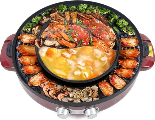 2 en 1 olla eléctrica portátil 110 V 2200 W barbacoa parrilla placa hogar cocina cocina sartén sartén roja (19.7 x 19.7 pulgadas)
