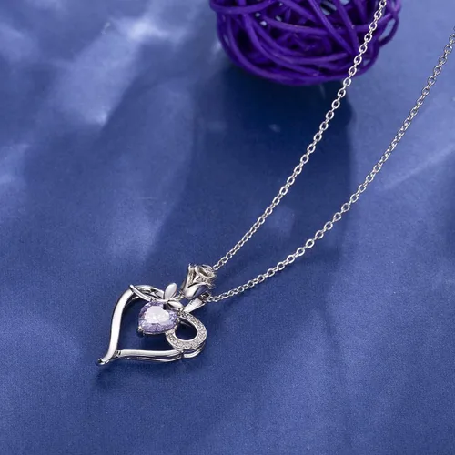 Miniatura 3 de Collar de corazón con piedra natal para mujer, plata de ley 925, collar con colgante de flor de rosa, collar para madre e hija para mamá, mujer