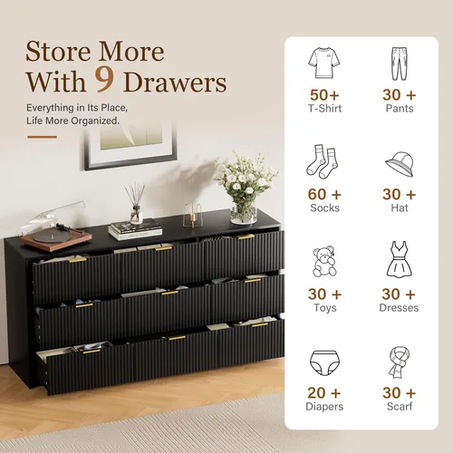 Miniatura 5 de Furniway - Cómoda color negro para habitación, moderna, 9 cajones y deslizadores suaves, cómoda ancha con jaladeras doradas para sala o armario