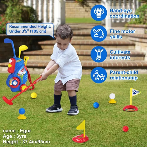 Miniatura 5 de Juego de golf para niños y niñas de 1, 2, 3, 4 años, carrito de golf mejorado para niños con 3 palos y 8 bolas, juguetes deportivos para interiores