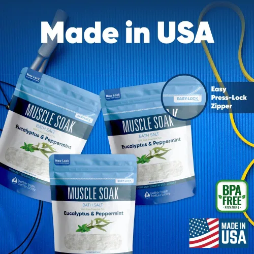 Miniatura 7 de Muscle Bath Salt (paquete de 3 con cuchara) para baño muscular con aceites esenciales puros en bolsa sin BPA con sello de cierre a presión