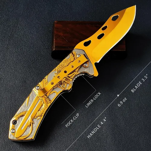 Miniatura 3 de Vividstill Navaja de bolsillo para hombres, genial cuchillo plegable de bolsillo 3D DRAGÓN con clip, gran regalo EDC para hombres, ideal para Dorado