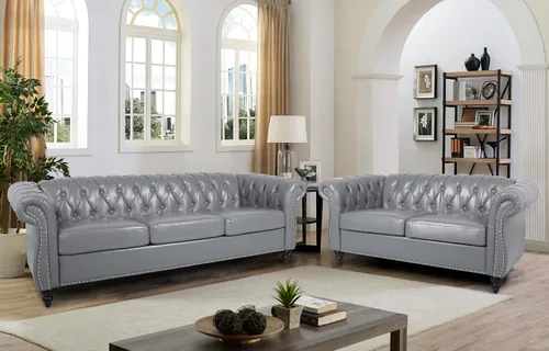 Miniatura 8 de RARZOE Moderno sofá Chesterfield de poliuretano de 3 plazas, sofá Chesterfield tapizado de piel con botones capitoné, sofá clásico de piel sintética