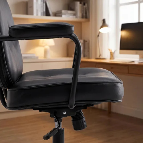 Miniatura 6 de LukeAlon Silla de escritorio ajustable de piel sintética, silla giratoria de 360° negra con reposabrazos, asiento grueso, botones y ruedas