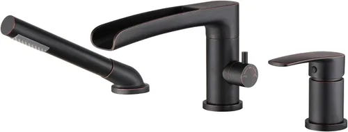 Wowkk Grifo de bañera romana en cascada de bronce aceitado para montaje en cubierta, grifos de baño de latón con ducha de mano Oil Rubbed Bronze