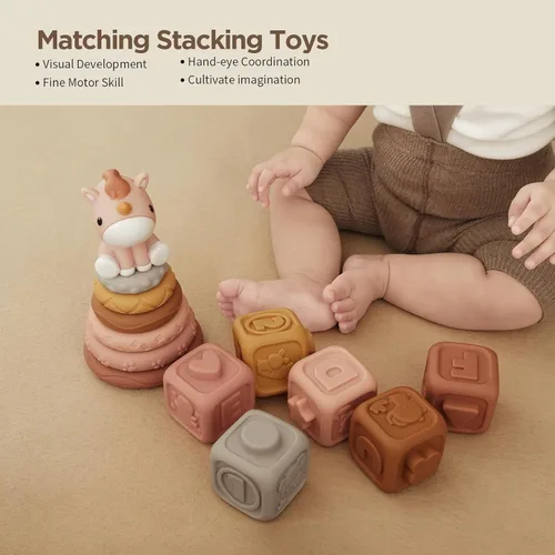 Miniatura 6 de Nueplay Juguetes Apilables Suaves para Bebés Niñas, Set de 12 Piezas de Anillos Suaves y Bloques de Formas con Adorno de Unicornio — Juguetes